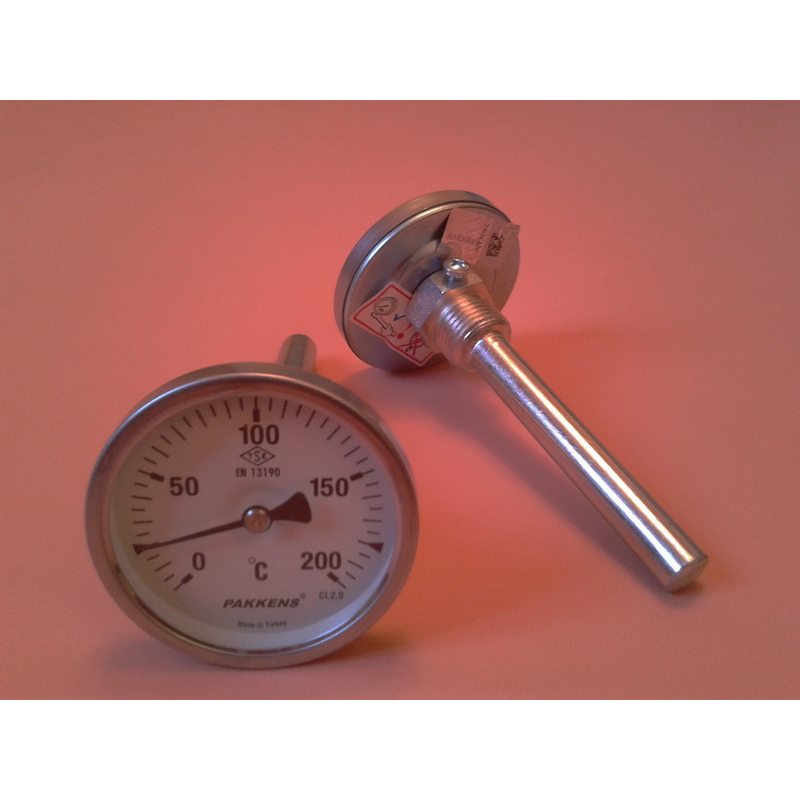 Термометр биметаллический трубчатый PAKKENS Ø63мм / от 0 до 200 ° С / трубка 10 см с резьбой 1/2 "Турция