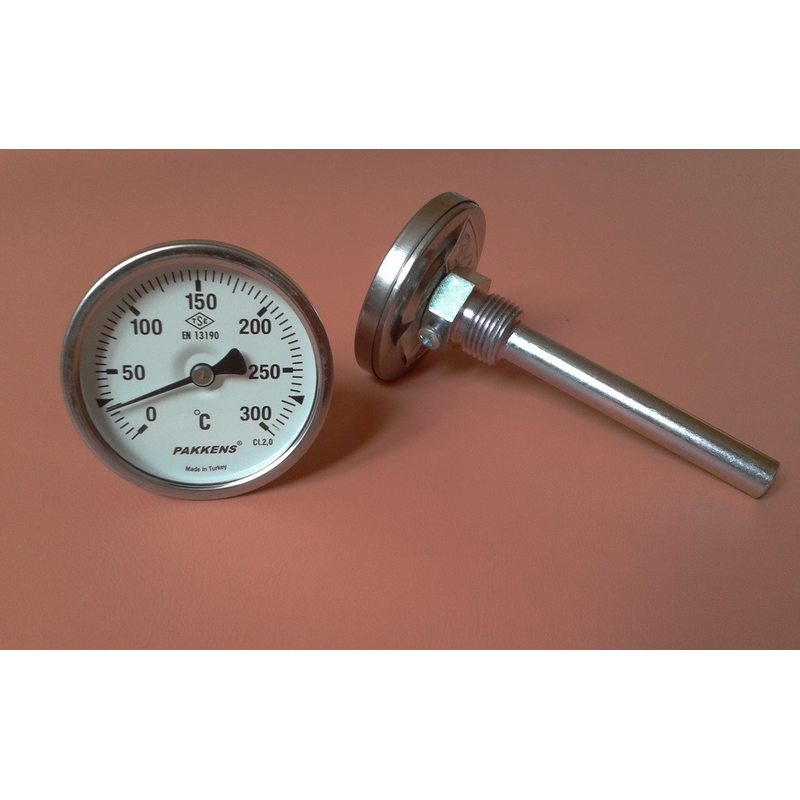 Термометр биметаллический трубчатый PAKKENS Ø63мм / Tmax = 300 ° С / гильза L = 100 мм (с резьбой 1/2 ") Турция