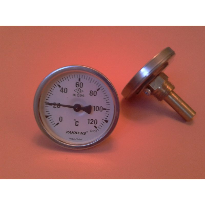 Термометр биметаллический трубчатый PAKKENS Ø63мм / Tmax = 120 ° С / гильза L = 50 мм (с резьбой 1/2 ") Турция