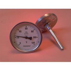 Термометр биметаллический PAKKENS Ø100мм от 0 до 120 градусов, трубка-капилляр 10 см с резьбой 1/2 "Турция