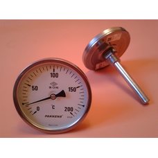Термометр биметаллический PAKKENS Ø100мм от 0 до 200 градусов, трубка-капилляр 10 см с резьбой 1/2 "Турция