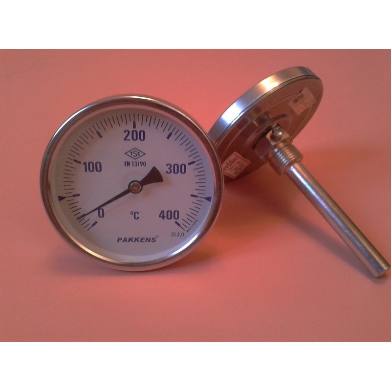 Термометр биметаллический PAKKENS Ø100мм от 0 до 400 градусов, трубка-капилляр 10 см с резьбой 1/2 "Турция
